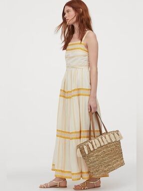 H&M CREAM MAXI SUNDRESS WITH YELLOW EMBROIDERY SZ S